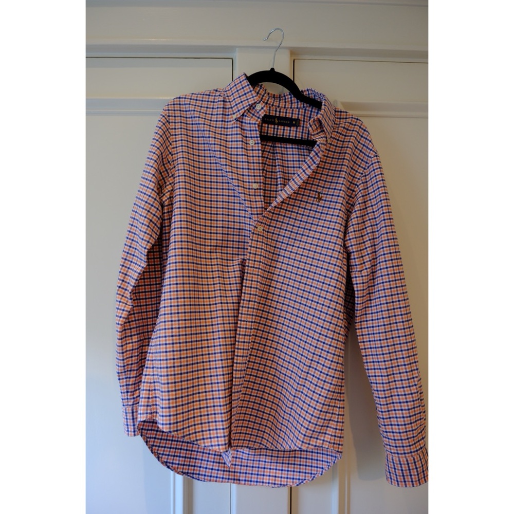 Polo Ralph Lauren Long Sleeve Shirt Orange Blue Navy Plaid Classic Fit